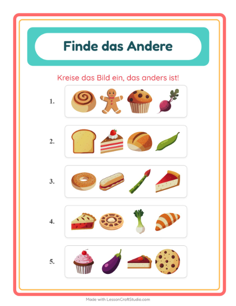 Vorschau: Was passt nicht-Arbeitsblatt mit Bäckerei für Kindergarten