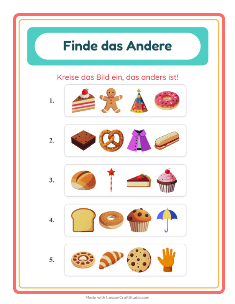 Vorschau: Was passt nicht-Arbeitsblatt mit Bäckerei für Kindergarten