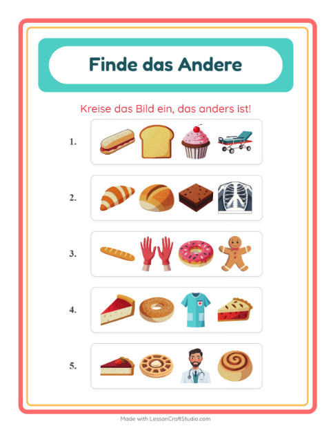 Vorschau: Was passt nicht-Arbeitsblatt mit Bäckerei für Kindergarten