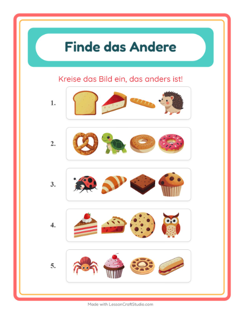 Vorschau: Was passt nicht-Arbeitsblatt mit Bäckerei für Kindergarten
