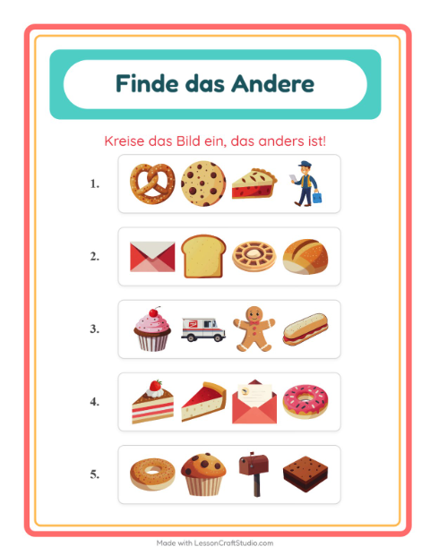 Vorschau: Was passt nicht-Arbeitsblatt mit Bäckerei für Kindergarten