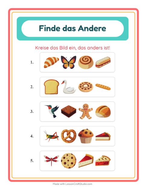 Vorschau: Was passt nicht-Arbeitsblatt mit Bäckerei für Kindergarten