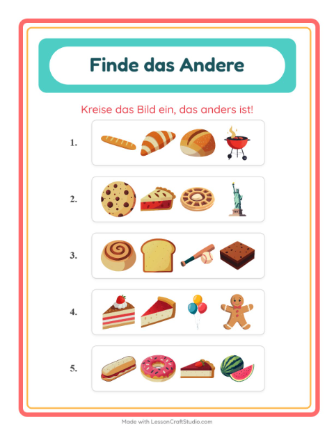 Vorschau: Was passt nicht-Arbeitsblatt mit Bäckerei für Kindergarten
