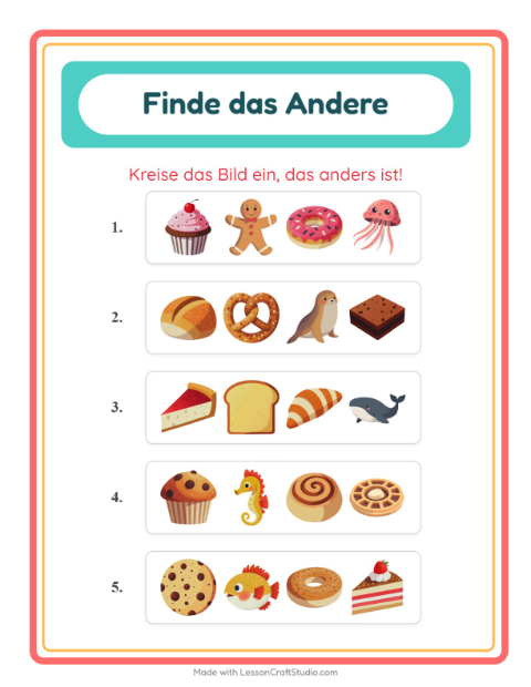 Vorschau: Was passt nicht-Arbeitsblatt mit Bäckerei für Kindergarten