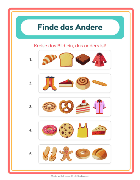 Vorschau: Was passt nicht-Arbeitsblatt mit Bäckerei für Kindergarten