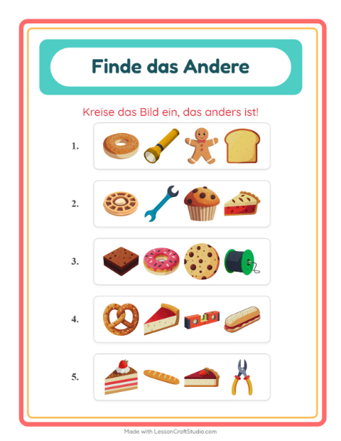 Vorschau: Was passt nicht-Arbeitsblatt mit Bäckerei für Kindergarten