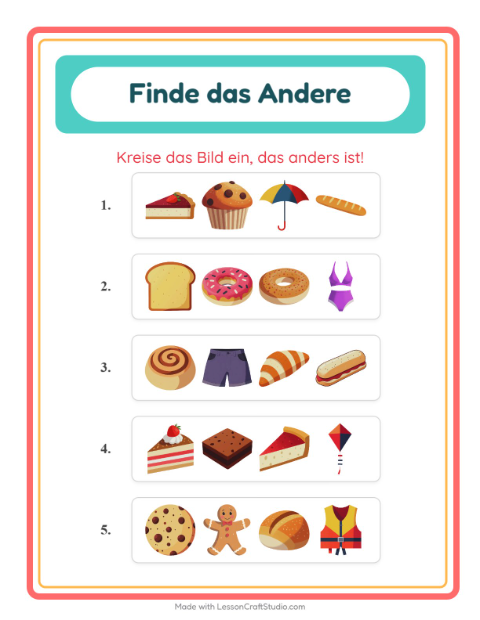 Vorschau: Was passt nicht-Arbeitsblatt mit Bäckerei für Kindergarten