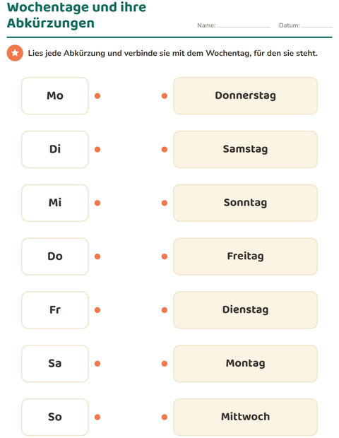 Vorschau: Wochentage und Monate-Arbeitsblatt für 1. Klasse