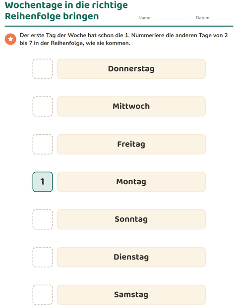 Vorschau: Wochentage und Monate-Arbeitsblatt für Kindergarten
