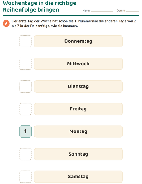 Wochentage in die richtige Reihenfolge bringen