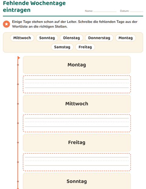 Vorschau: Wochentage und Monate-Arbeitsblatt für Kindergarten