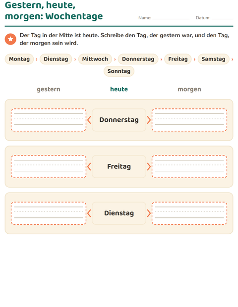 Vorschau: Wochentage und Monate-Arbeitsblatt für 1. Klasse