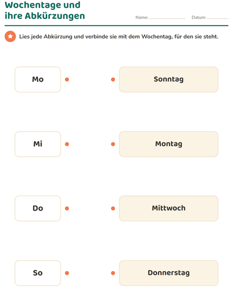 Vorschau: Wochentage und Monate-Arbeitsblatt für 1. Klasse