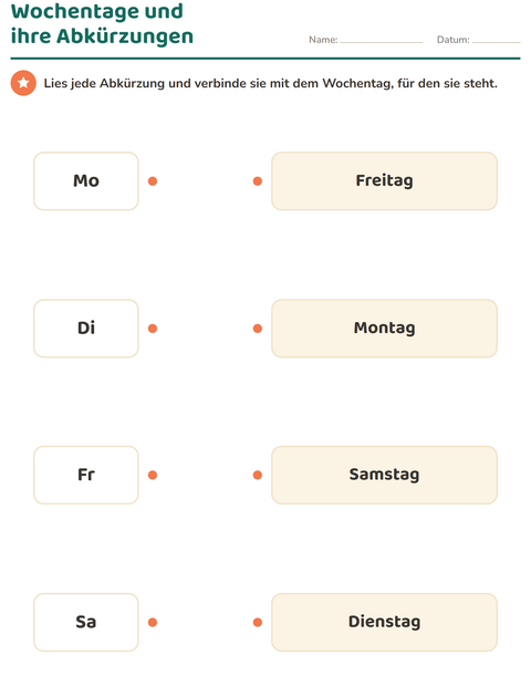 Vorschau: Wochentage und Monate-Arbeitsblatt für 1. Klasse