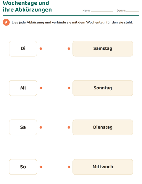 Vorschau: Wochentage und Monate-Arbeitsblatt für 1. Klasse