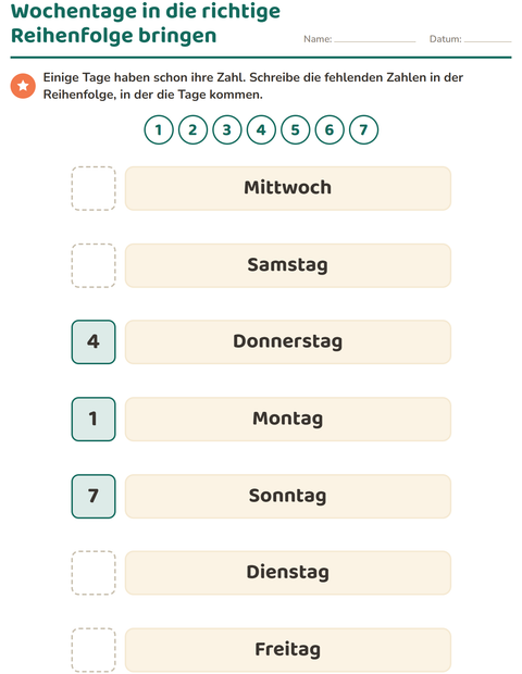 Vorschau: Wochentage und Monate-Arbeitsblatt für Kindergarten