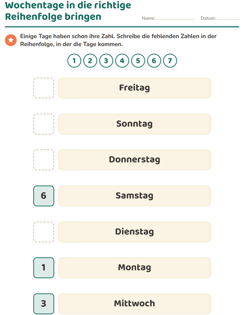 Vorschau: Wochentage und Monate-Arbeitsblatt für Kindergarten
