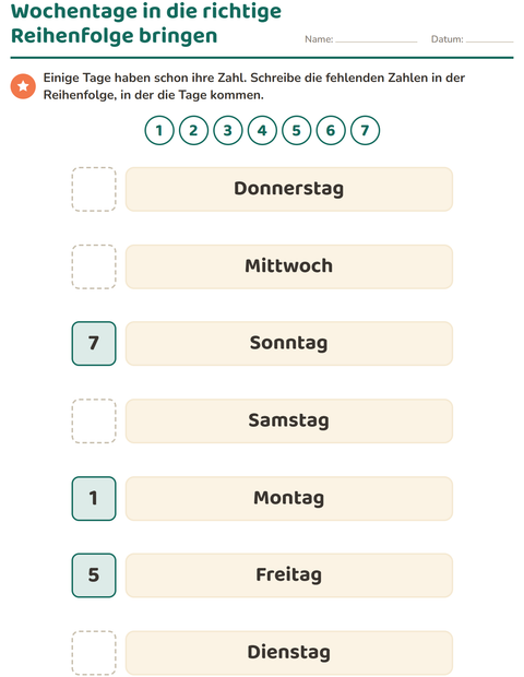 Vorschau: Wochentage und Monate-Arbeitsblatt für Kindergarten