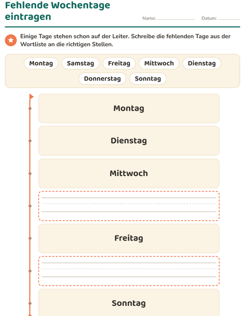 Vorschau: Wochentage und Monate-Arbeitsblatt für Kindergarten