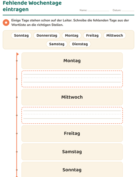 Vorschau: Wochentage und Monate-Arbeitsblatt für Kindergarten