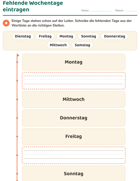 Vorschau: Wochentage und Monate-Arbeitsblatt für Kindergarten