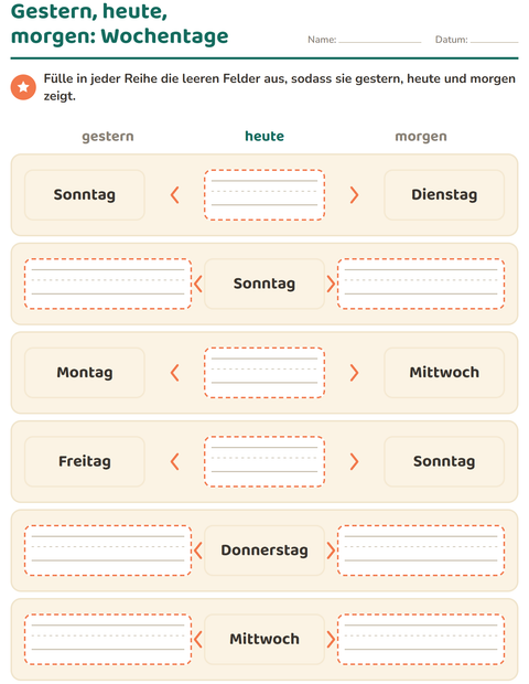 Vorschau: Wochentage und Monate-Arbeitsblatt für 1. Klasse