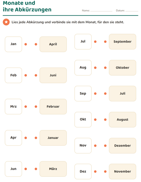 Vorschau: Wochentage und Monate-Arbeitsblatt für 1. Klasse