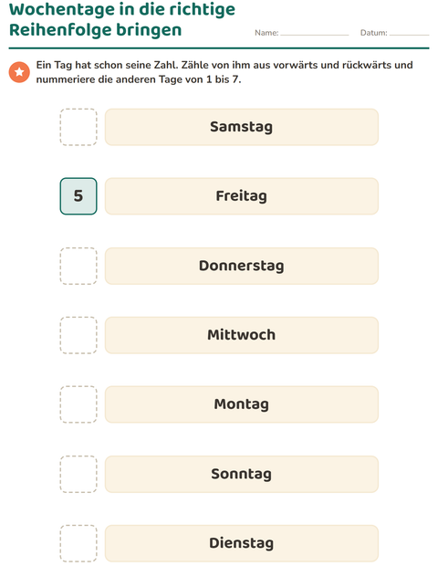 Vorschau: Wochentage und Monate-Arbeitsblatt für Kindergarten