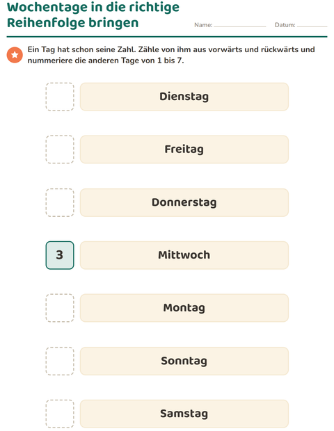 Vorschau: Wochentage und Monate-Arbeitsblatt für Kindergarten