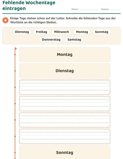 Vorschau: Wochentage und Monate-Arbeitsblatt für Kindergarten