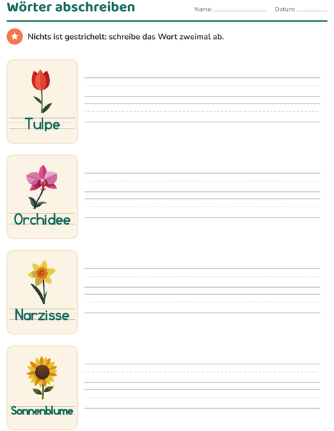 Vorschau: Wörter nachspuren-Arbeitsblatt mit Blumen für Kindergarten
