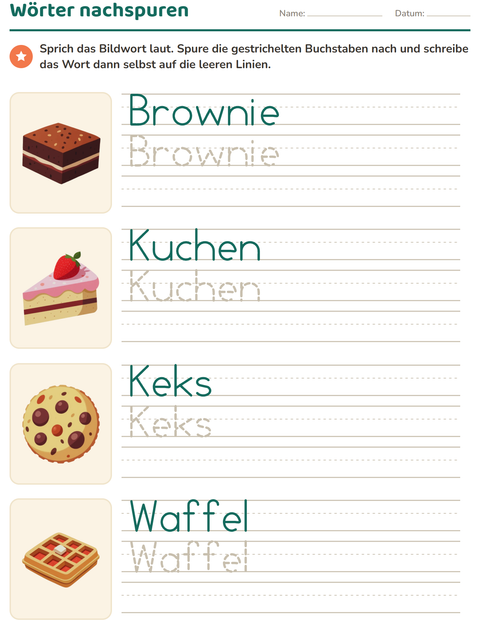 Vorschau: Wörter nachspuren-Arbeitsblatt mit Desserts und Süßigkeiten für Kindergarten