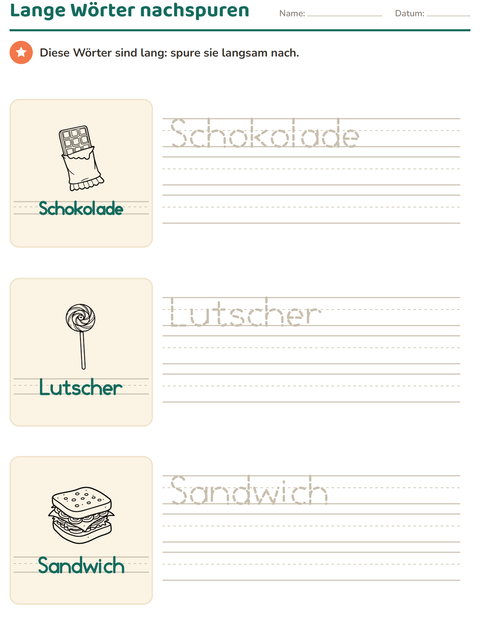 Vorschau: Wörter nachspuren-Arbeitsblatt mit Essen SW für Kindergarten