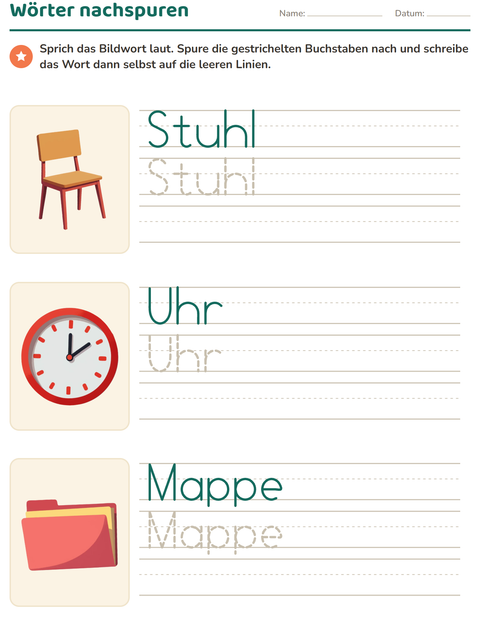 Vorschau: Wörter nachspuren-Arbeitsblatt mit Klassenzimmer für Kindergarten