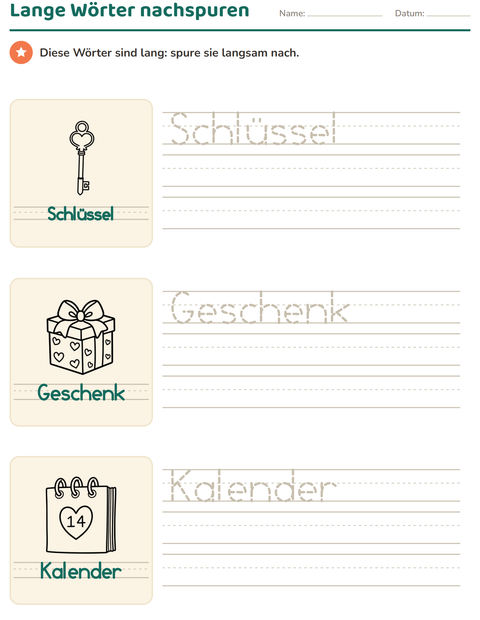 Vorschau: Wörter nachspuren-Arbeitsblatt mit Valentinstag SW 2 für Kindergarten