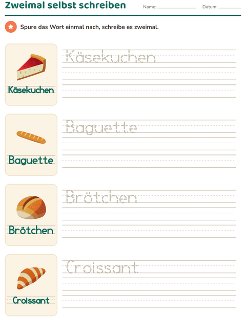 Vorschau: Wörter nachspuren-Arbeitsblatt mit Bäckerei für Kindergarten