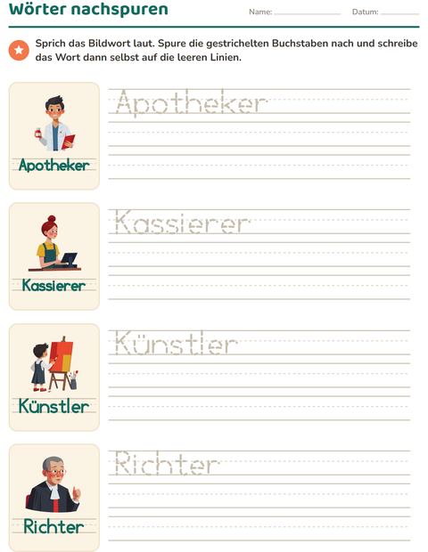 Vorschau: Wörter nachspuren-Arbeitsblatt mit Berufe für Kindergarten
