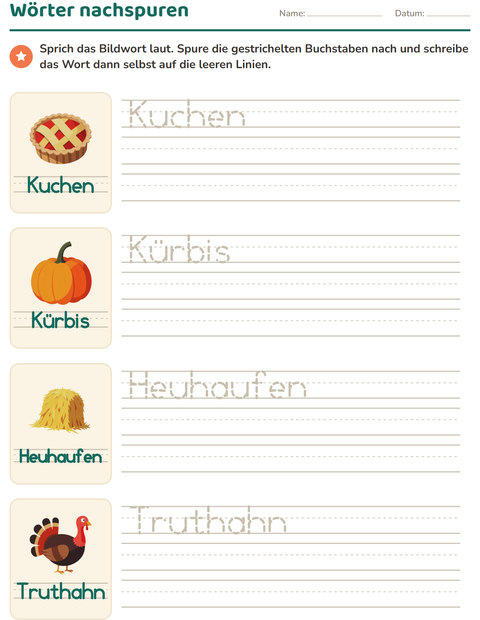 Vorschau: Wörter nachspuren-Arbeitsblatt mit Erntedankfest für Kindergarten