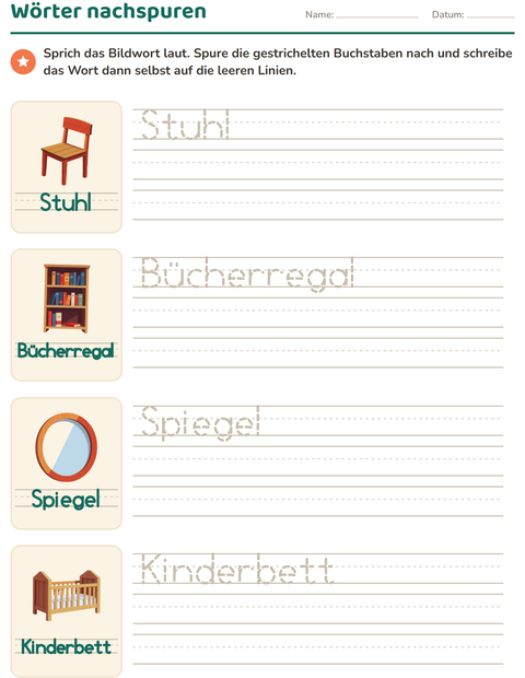 Vorschau: Wörter nachspuren-Arbeitsblatt mit Möbel für Kindergarten