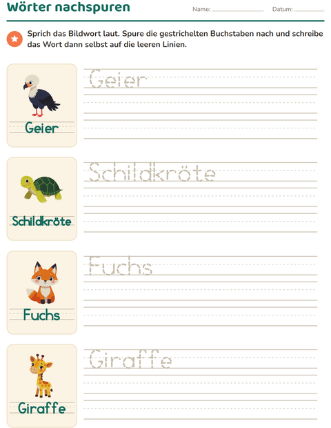 Vorschau: Wörter nachspuren-Arbeitsblatt mit Tiere für Kindergarten