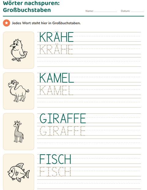 Vorschau: Wörter nachspuren-Arbeitsblatt mit Tiere SW 3 für Kindergarten