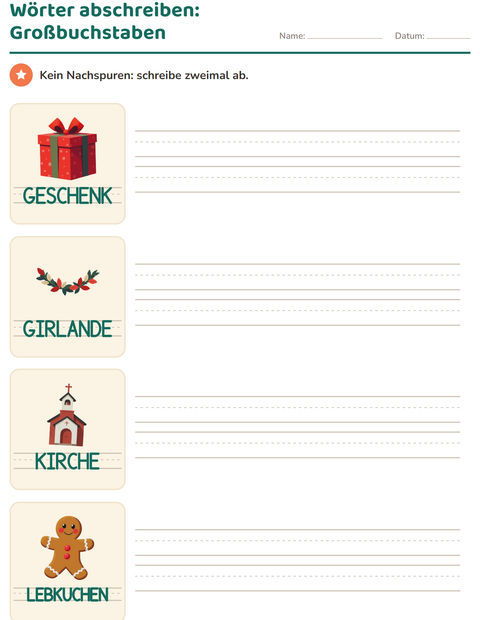 Vorschau: Wörter nachspuren-Arbeitsblatt mit Weihnachten für Kindergarten