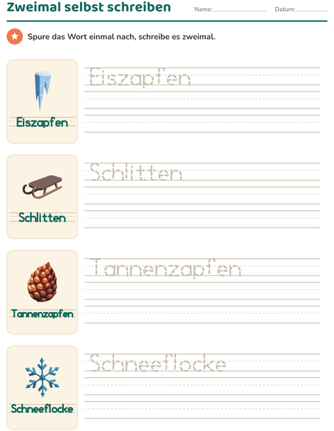 Vorschau: Wörter nachspuren-Arbeitsblatt mit Winter für Kindergarten