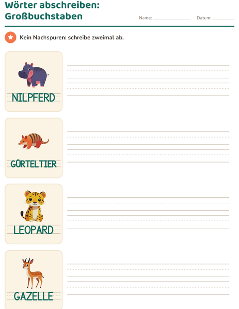 Vorschau: Wörter nachspuren-Arbeitsblatt mit Zootiere für Kindergarten