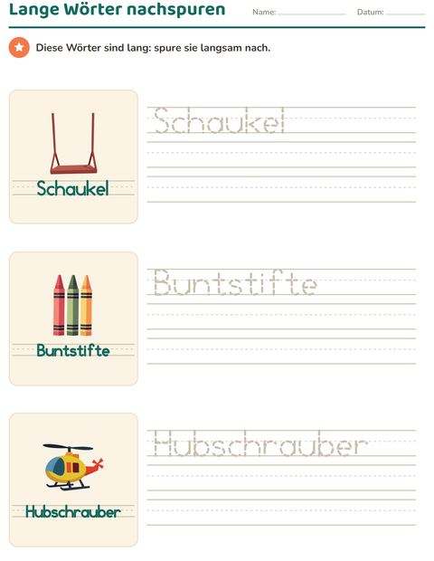 Lange Wörter nachspuren – Spielzeugnamen mit vielen Buchstaben