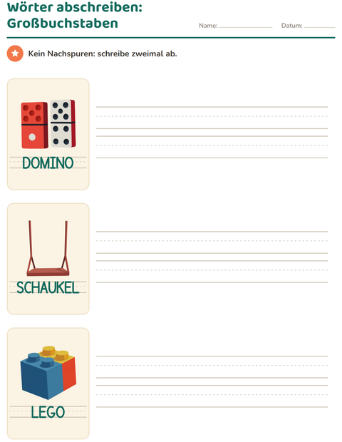 Vorschau: Großbuchstaben abschreiben – Spielzeugwörter in Blockschrift