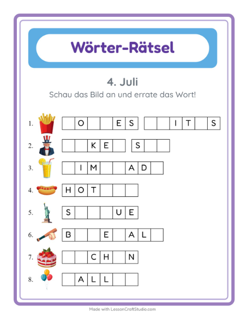 Vorschau: Wort raten-Arbeitsblatt mit 4. Juli für Kindergarten