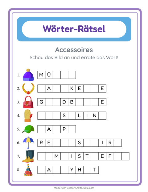 Lückenwörter schreiben – Accessoires