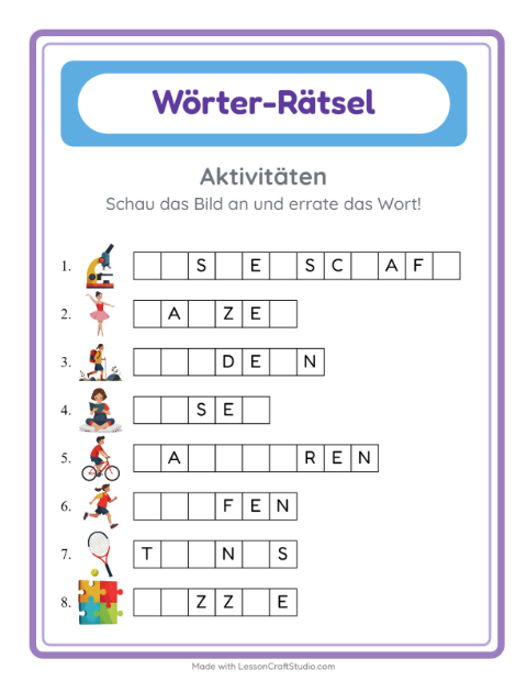 Vorschau: Wort raten-Arbeitsblatt mit Aktivitäten für Kindergarten