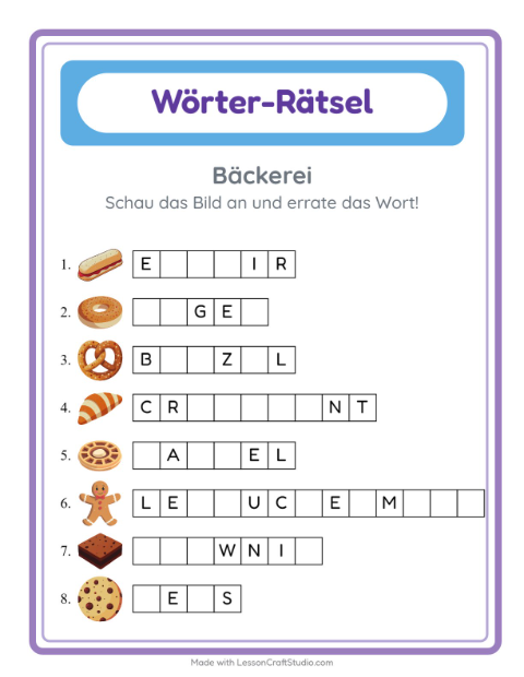 Lückenwörter schreiben – Bäckerei